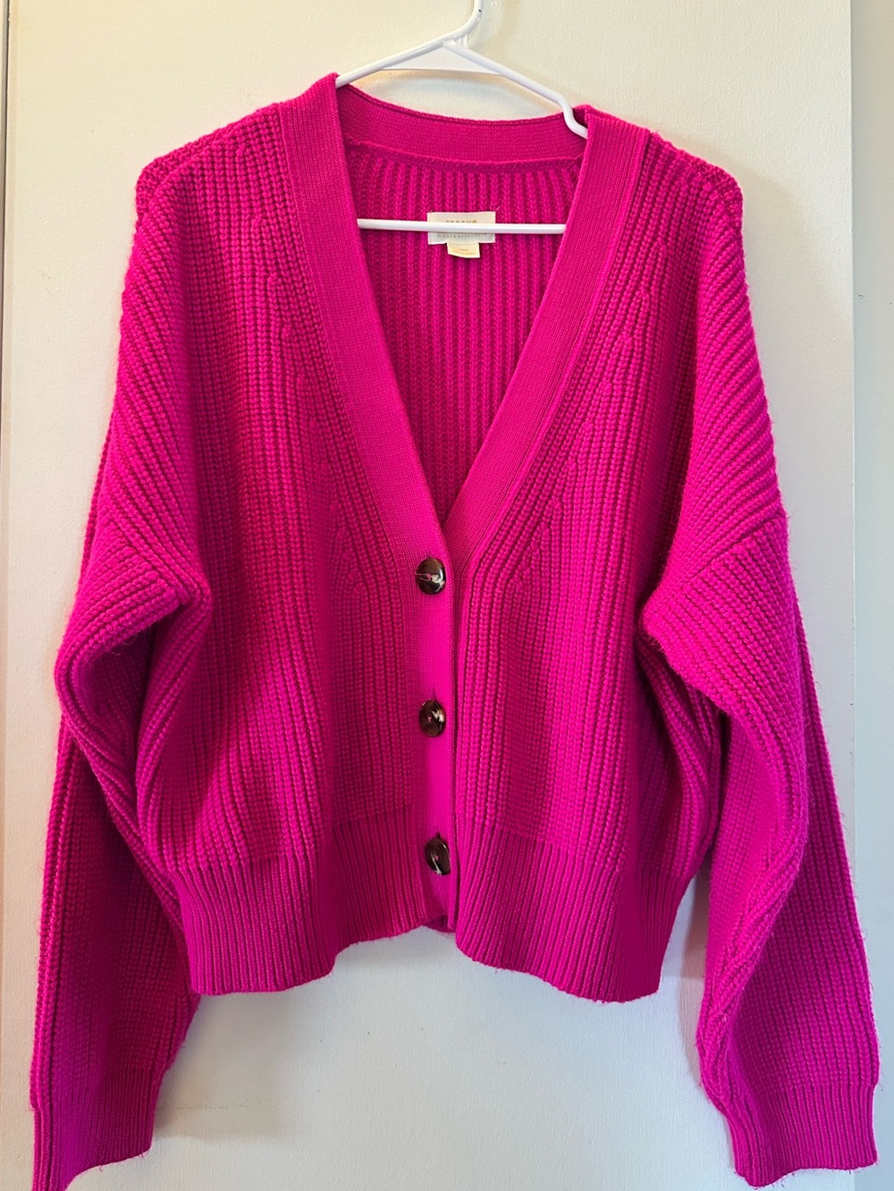 Anthropologie Hot Pink Ribbed Button-Front Cardigan Fall Cozy